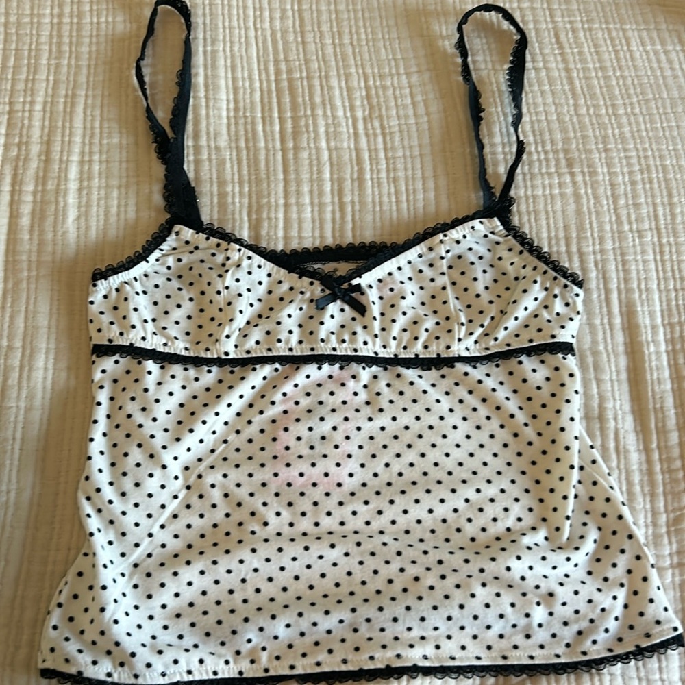 black and white polka dotted top